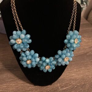 Blue Floral Bib Necklace with Gold Chain